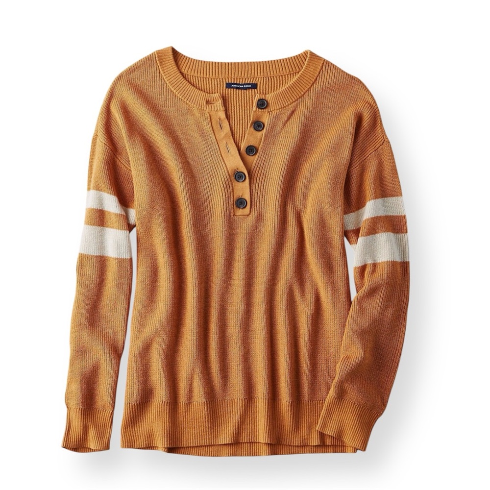 American Eagle Varsity Cozy Knit Crew Neck Henley Sweater with Cream Stripes